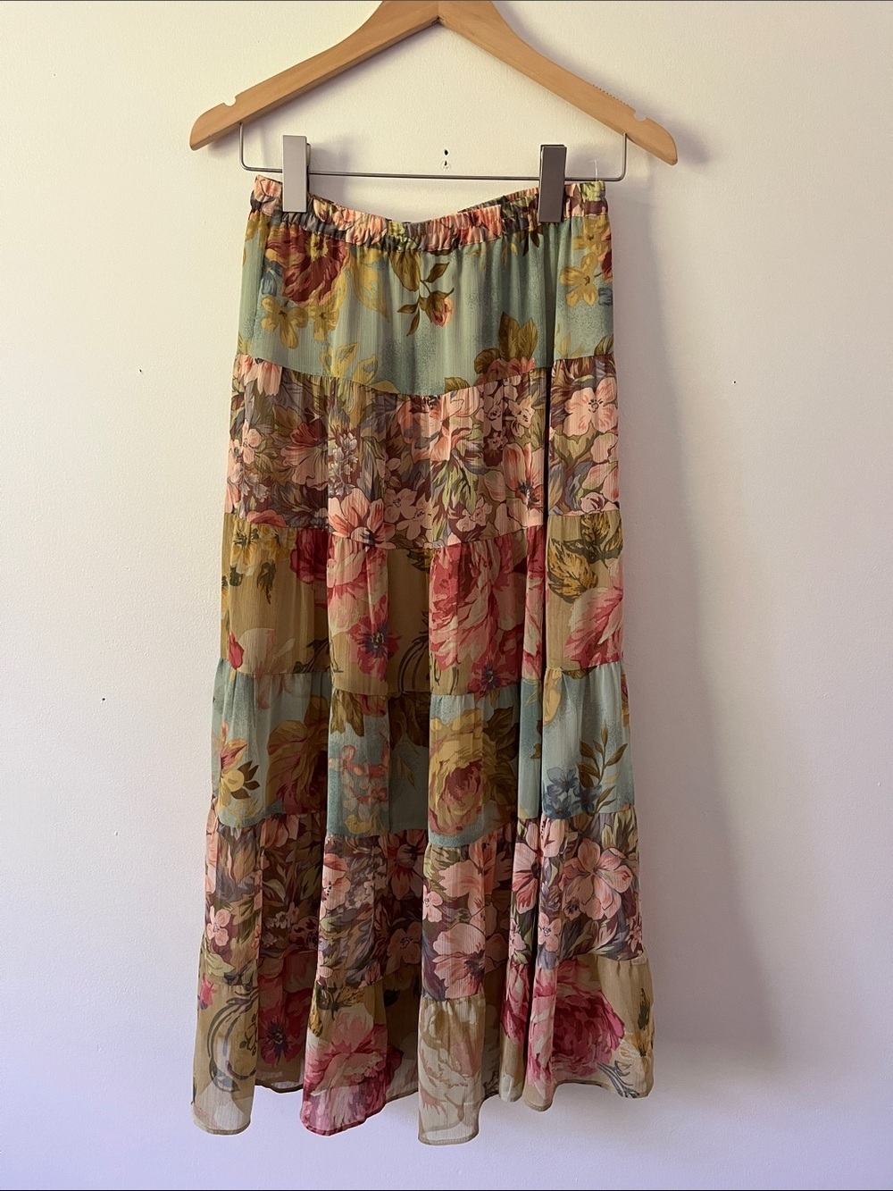 Bohemian Floral Tiered Maxi Skirt - Pastel Multi Size XS
